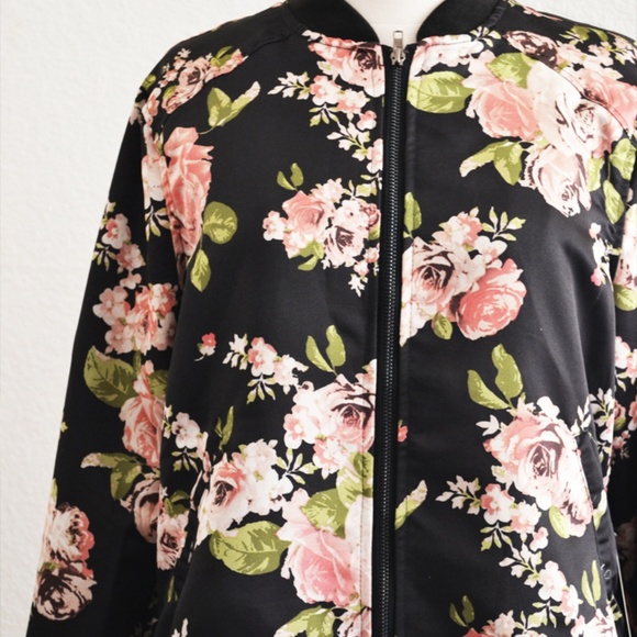 Black Rose Floral Satin Bomber Jacket - Picture 2 of 7
